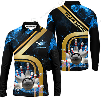Custom Bowling Team Jerseys Polo Shirts, Bowling uniforms Ball & Pins Water And Flame Multicolor Options Personalized Name And Team Name