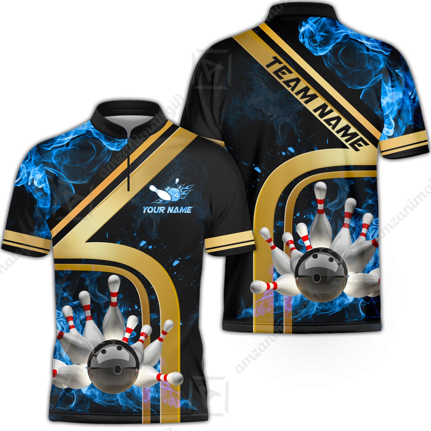 Custom Bowling Team Jerseys Polo Shirts, Bowling uniforms Ball & Pins Water And Flame Multicolor Options Personalized Name And Team Name
