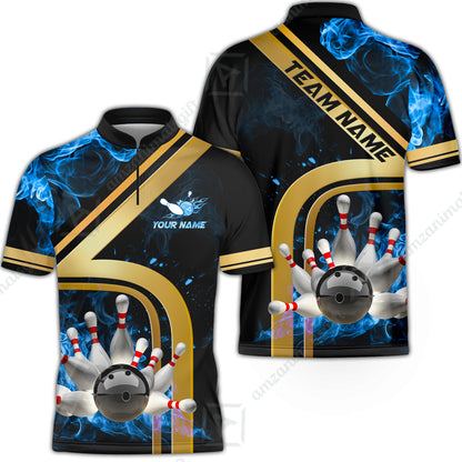 Custom Bowling Team Jerseys Polo Shirts, Bowling uniforms Ball & Pins Water And Flame Multicolor Options Personalized Name And Team Name