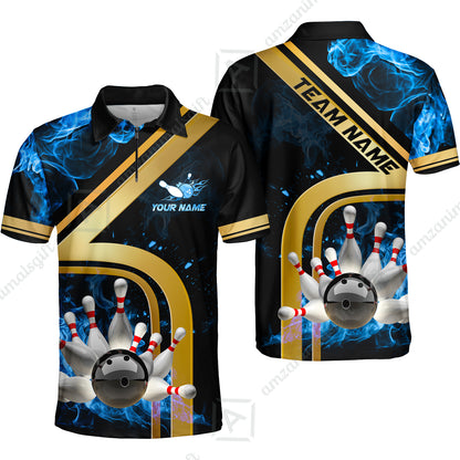 Custom Bowling Team Jerseys Polo Shirts, Bowling uniforms Ball & Pins Water And Flame Multicolor Options Personalized Name And Team Name