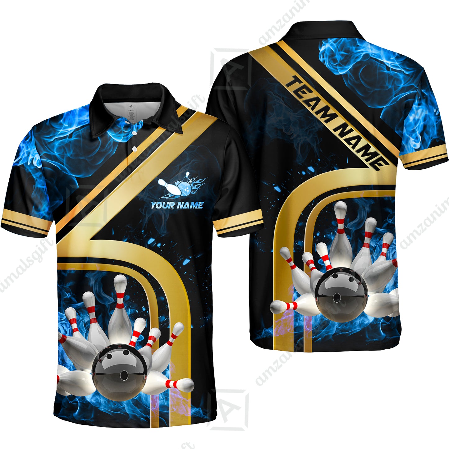 Custom Bowling Team Jerseys Polo Shirts, Bowling uniforms Ball & Pins Water And Flame Multicolor Options Personalized Name And Team Name