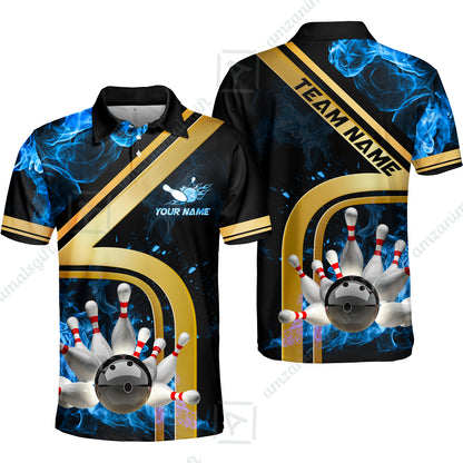 Custom Bowling Team Jerseys Polo Shirts, Bowling uniforms Ball & Pins Water And Flame Multicolor Options Personalized Name And Team Name
