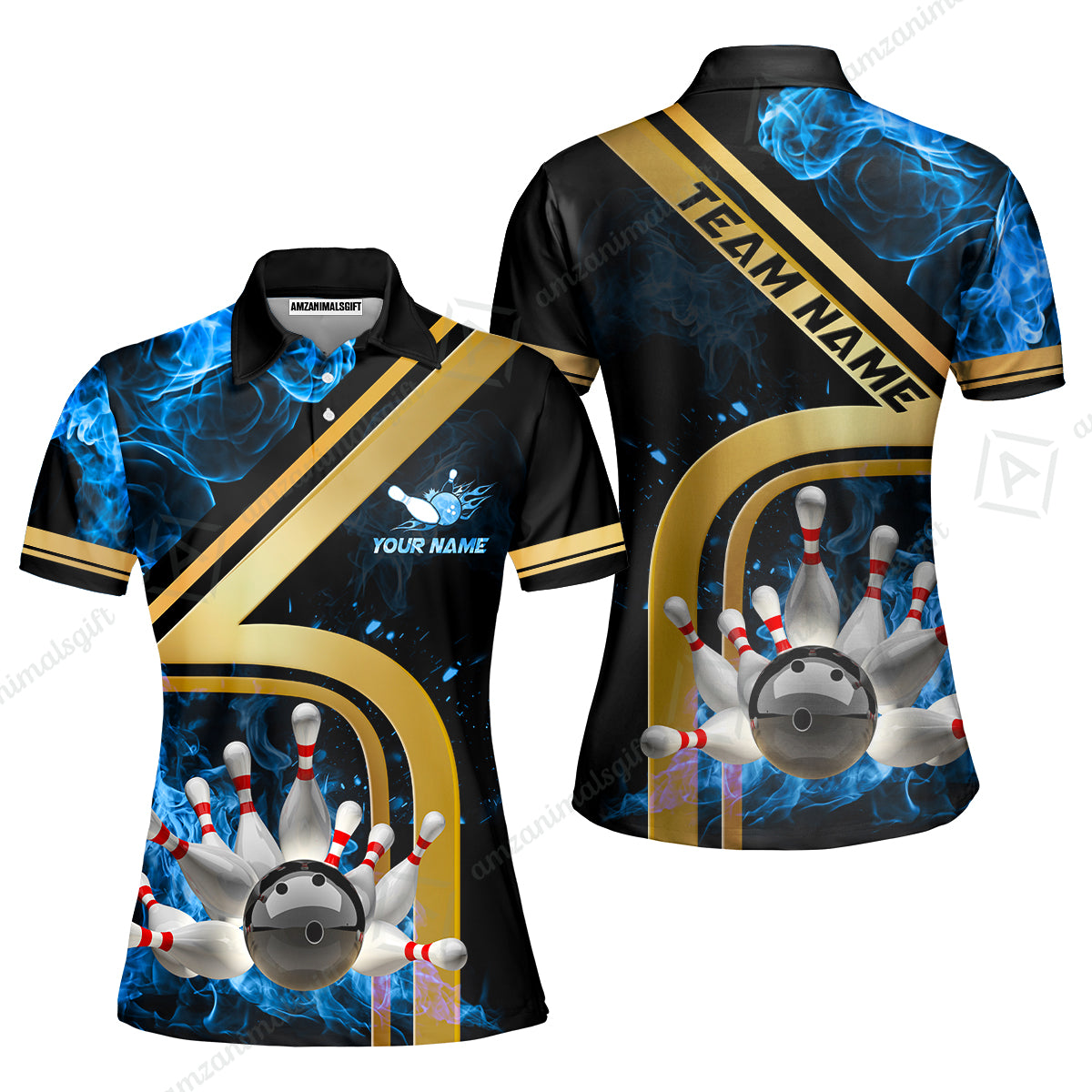 Custom Bowling Team Jerseys Polo Shirts, Bowling uniforms Ball & Pins Water And Flame Multicolor Options Personalized Name And Team Name