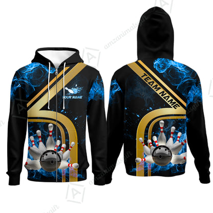 Custom Bowling Team Jerseys Polo Shirts, Bowling uniforms Ball & Pins Water And Flame Multicolor Options Personalized Name And Team Name