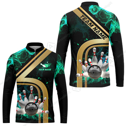 Custom Bowling Team Jerseys Polo Shirts, Bowling uniforms Ball & Pins Water And Flame Multicolor Options Personalized Name And Team Name