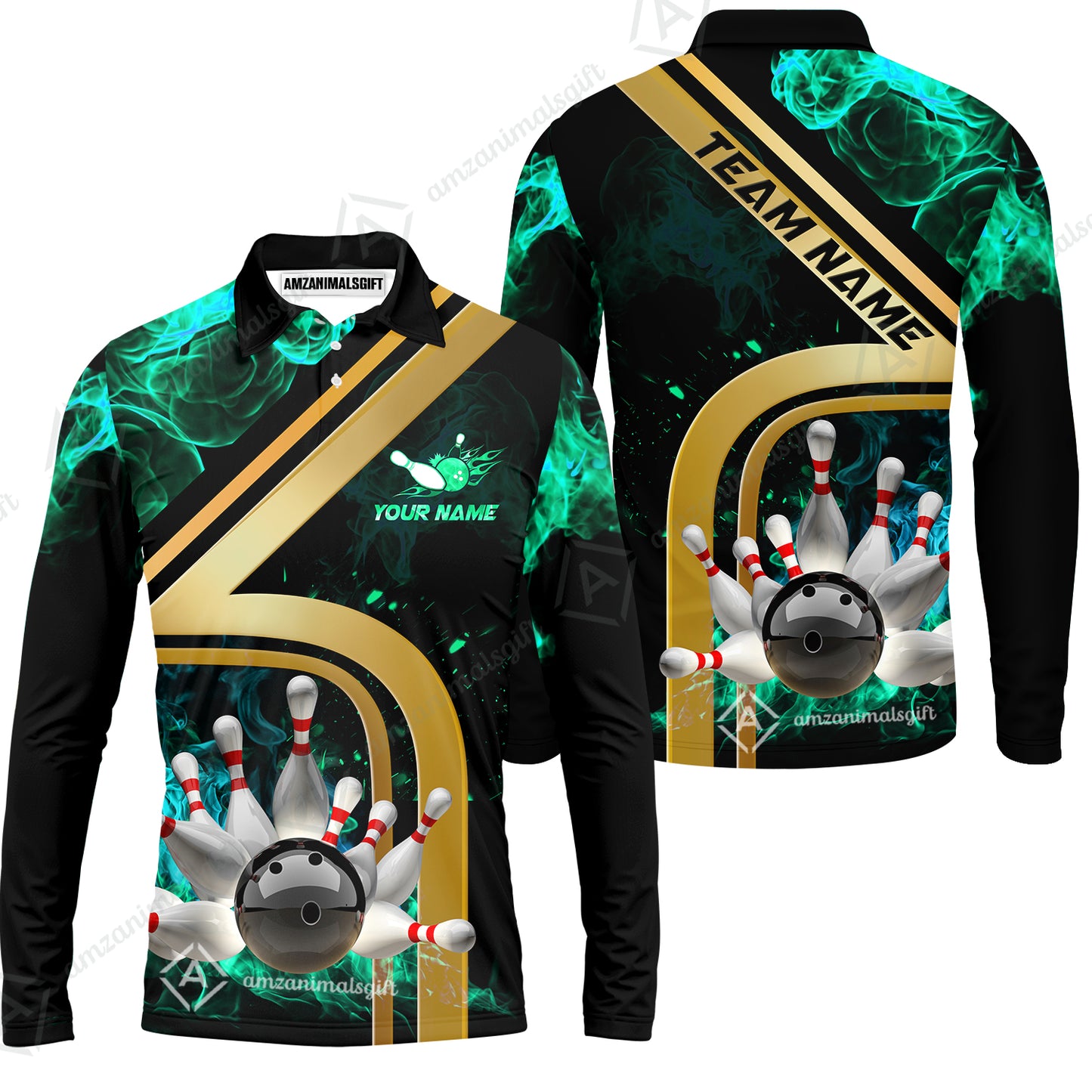Custom Bowling Team Jerseys Polo Shirts, Bowling uniforms Ball & Pins Water And Flame Multicolor Options Personalized Name And Team Name