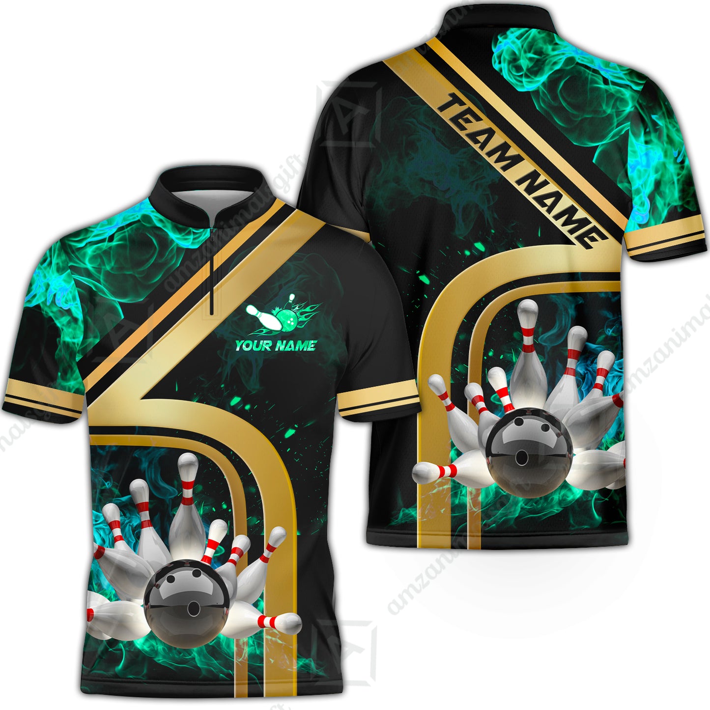 Custom Bowling Team Jerseys Polo Shirts, Bowling uniforms Ball & Pins Water And Flame Multicolor Options Personalized Name And Team Name