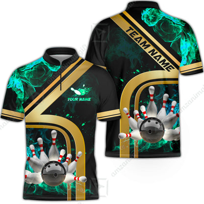 Custom Bowling Team Jerseys Polo Shirts, Bowling uniforms Ball & Pins Water And Flame Multicolor Options Personalized Name And Team Name