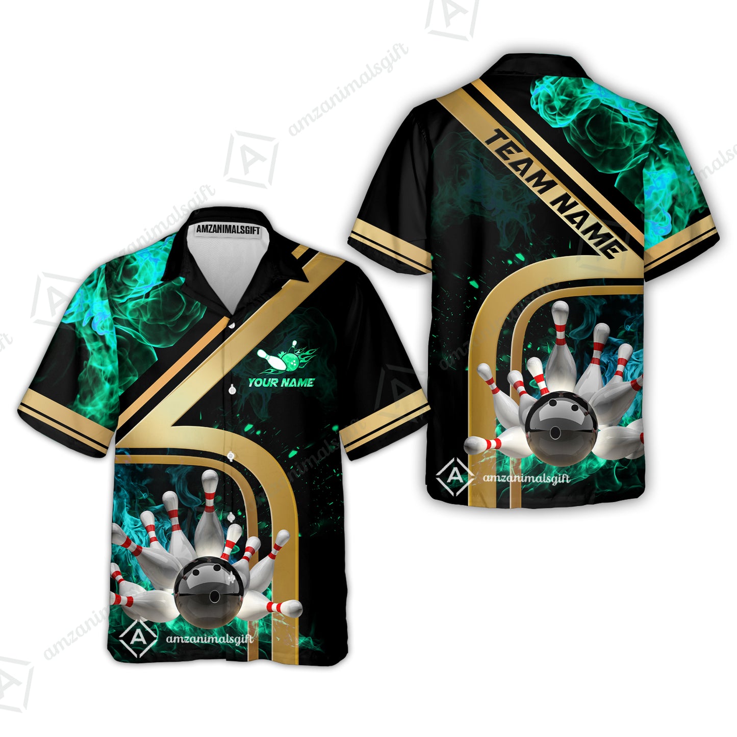 Custom Bowling Team Jerseys Polo Shirts, Bowling uniforms Ball & Pins Water And Flame Multicolor Options Personalized Name And Team Name