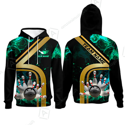 Custom Bowling Team Jerseys Polo Shirts, Bowling uniforms Ball & Pins Water And Flame Multicolor Options Personalized Name And Team Name