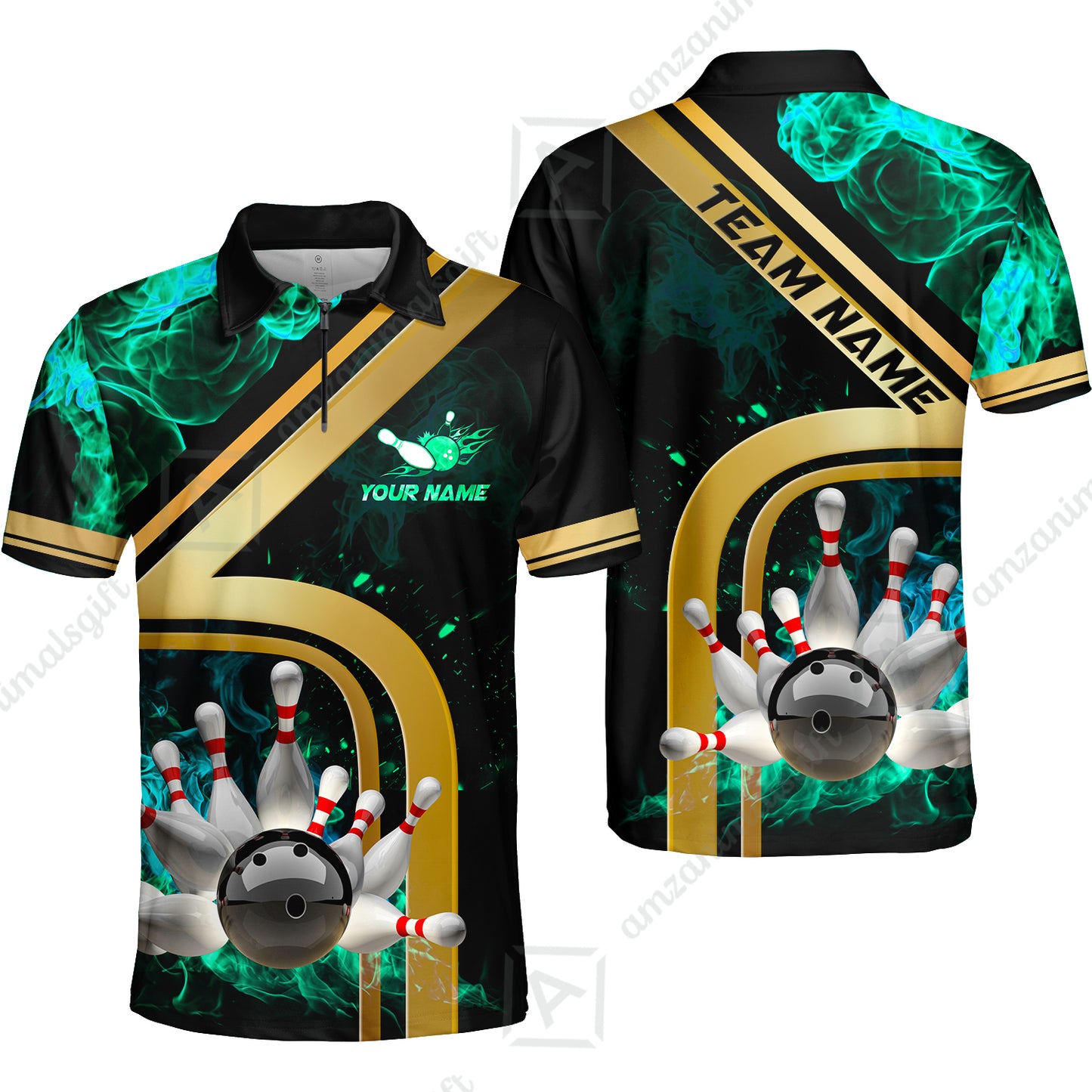 Custom Bowling Team Jerseys Polo Shirts, Bowling uniforms Ball & Pins Water And Flame Multicolor Options Personalized Name And Team Name