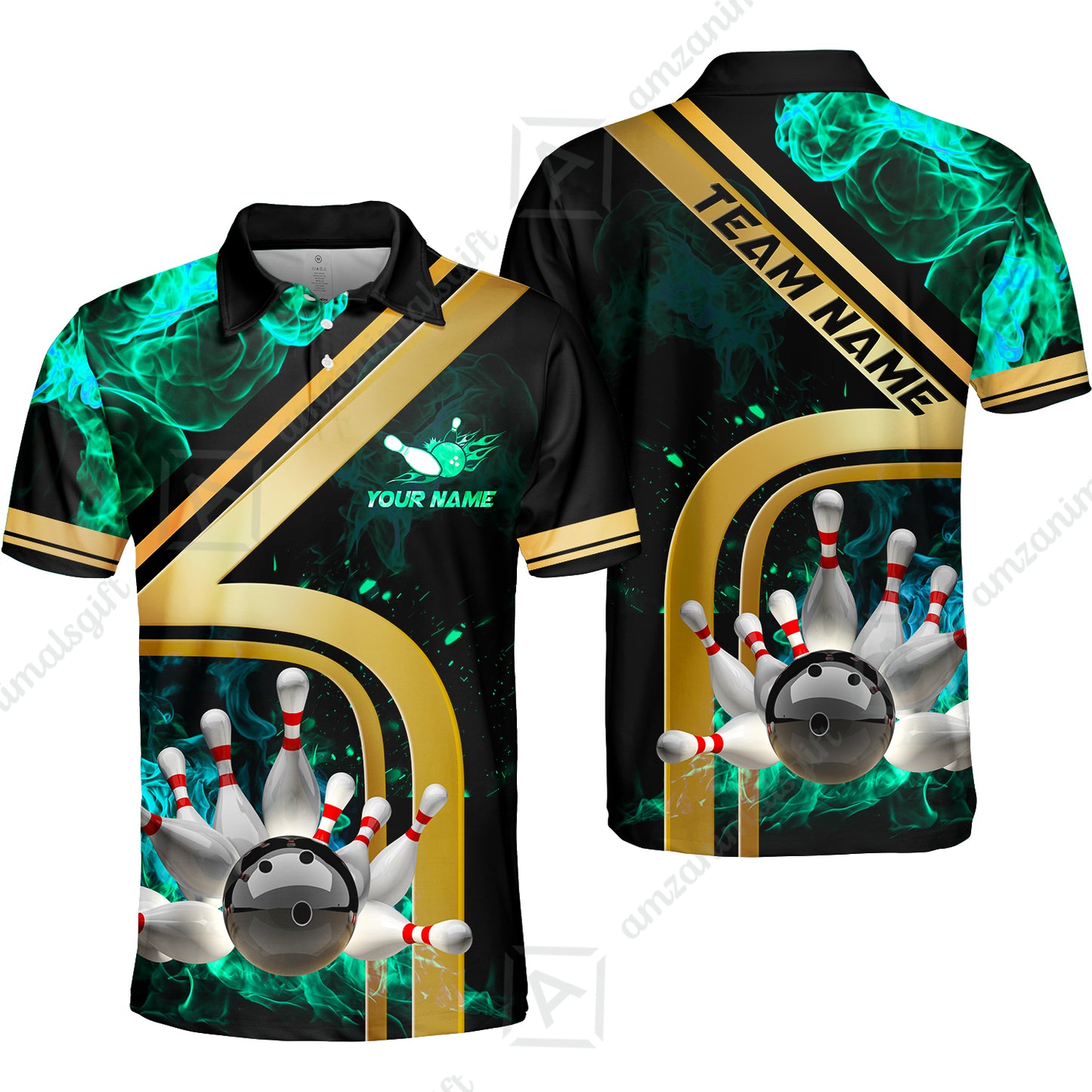 Custom Bowling Team Jerseys Polo Shirts, Bowling uniforms Ball & Pins Water And Flame Multicolor Options Personalized Name And Team Name