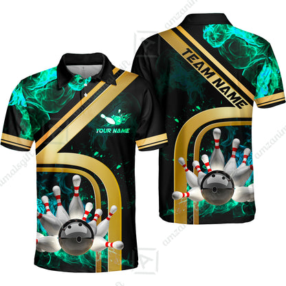 Custom Bowling Team Jerseys Polo Shirts, Bowling uniforms Ball & Pins Water And Flame Multicolor Options Personalized Name And Team Name