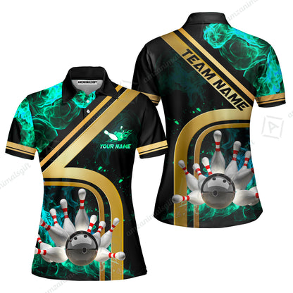 Custom Bowling Team Jerseys Polo Shirts, Bowling uniforms Ball & Pins Water And Flame Multicolor Options Personalized Name And Team Name