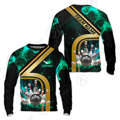 Custom Bowling Team Jerseys Polo Shirts, Bowling uniforms Ball & Pins Water And Flame Multicolor Options Personalized Name And Team Name