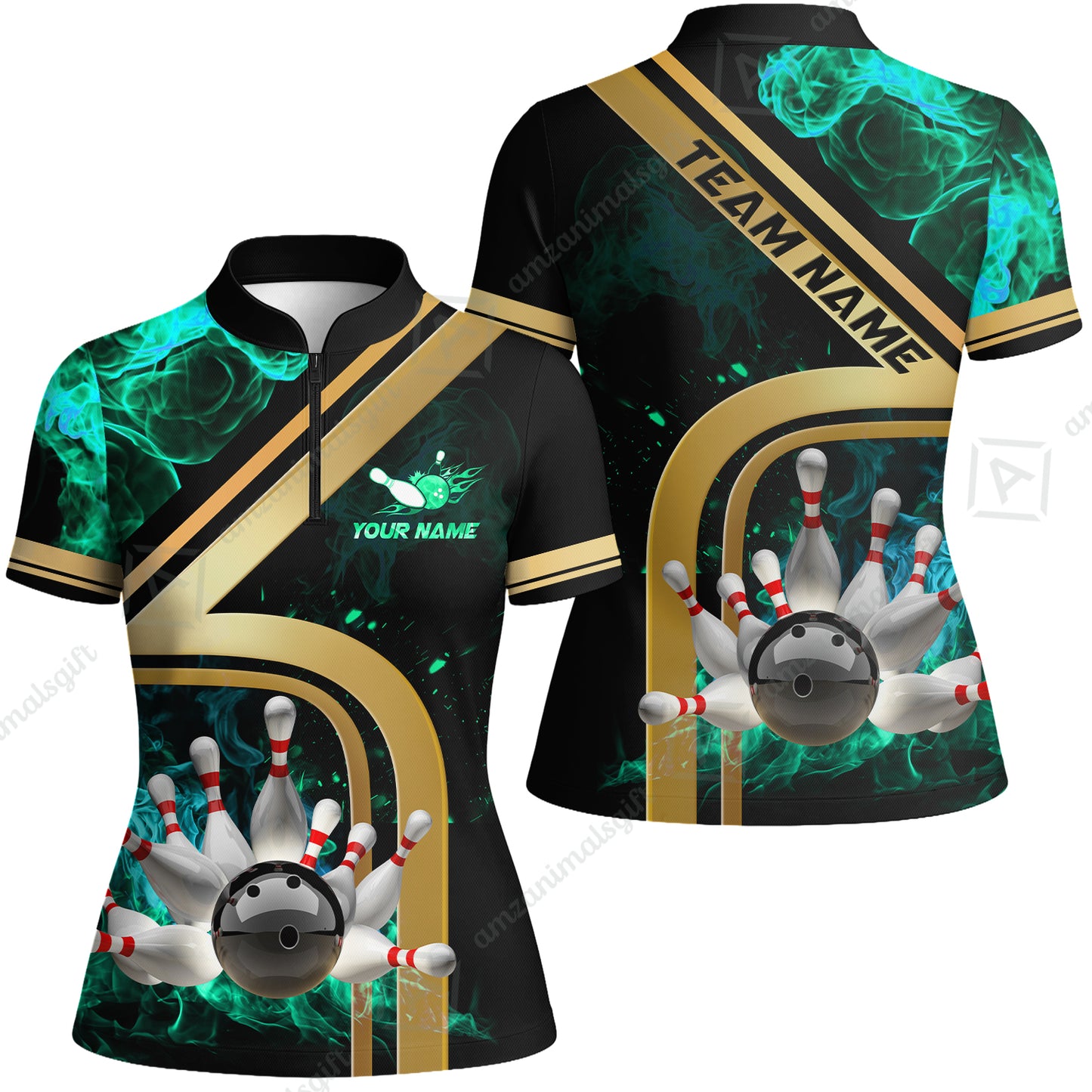 Custom Bowling Team Jerseys Polo Shirts, Bowling uniforms Ball & Pins Water And Flame Multicolor Options Personalized Name And Team Name