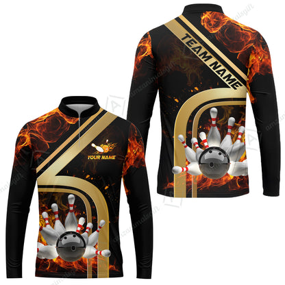 Custom Bowling Team Jerseys Polo Shirts, Bowling uniforms Ball & Pins Water And Flame Multicolor Options Personalized Name And Team Name