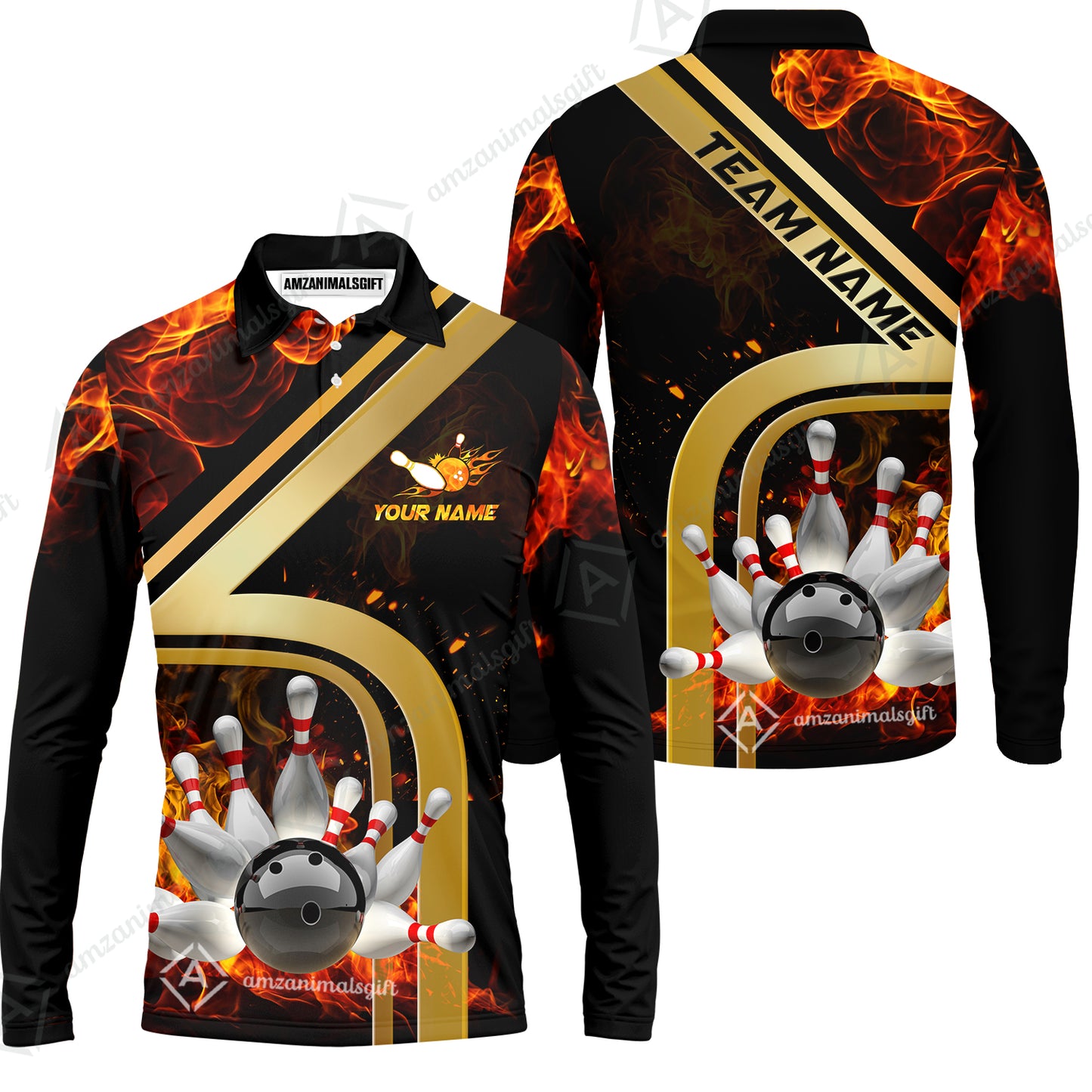 Custom Bowling Team Jerseys Polo Shirts, Bowling uniforms Ball & Pins Water And Flame Multicolor Options Personalized Name And Team Name
