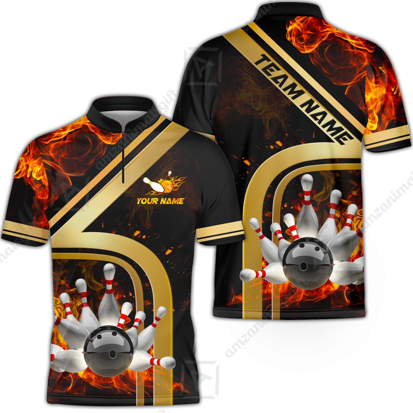 Custom Bowling Team Jerseys Polo Shirts, Bowling uniforms Ball & Pins Water And Flame Multicolor Options Personalized Name And Team Name