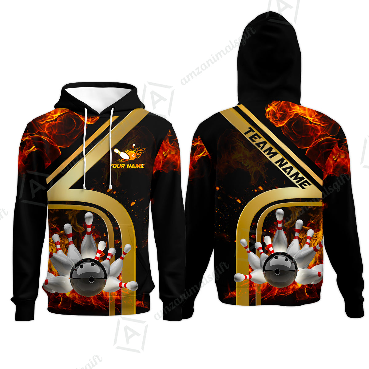 Custom Bowling Team Jerseys Polo Shirts, Bowling uniforms Ball & Pins Water And Flame Multicolor Options Personalized Name And Team Name