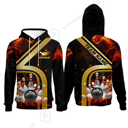 Custom Bowling Team Jerseys Polo Shirts, Bowling uniforms Ball & Pins Water And Flame Multicolor Options Personalized Name And Team Name