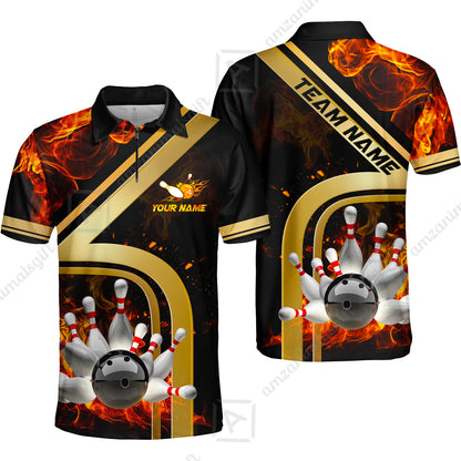 Custom Bowling Team Jerseys Polo Shirts, Bowling uniforms Ball & Pins Water And Flame Multicolor Options Personalized Name And Team Name