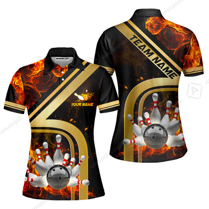 Custom Bowling Team Jerseys Polo Shirts, Bowling uniforms Ball & Pins Water And Flame Multicolor Options Personalized Name And Team Name