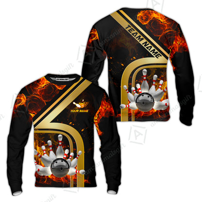 Custom Bowling Team Jerseys Polo Shirts, Bowling uniforms Ball & Pins Water And Flame Multicolor Options Personalized Name And Team Name