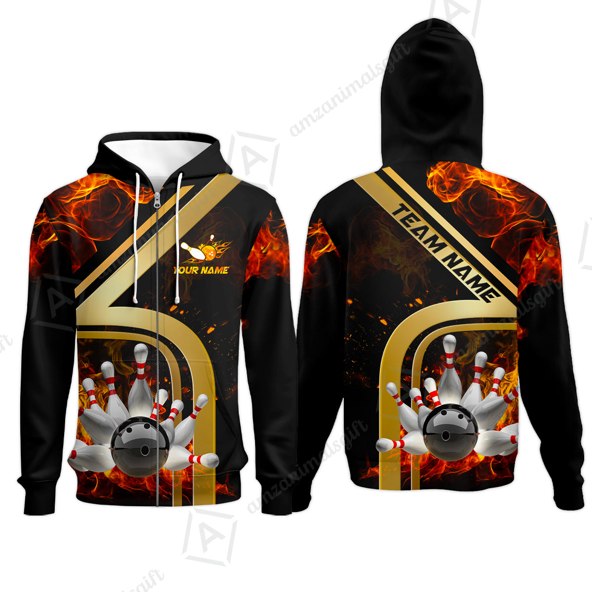 Custom Bowling Team Jerseys Polo Shirts, Bowling uniforms Ball & Pins Water And Flame Multicolor Options Personalized Name And Team Name