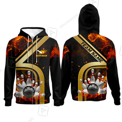 Custom Bowling Team Jerseys Polo Shirts, Bowling uniforms Ball & Pins Water And Flame Multicolor Options Personalized Name And Team Name