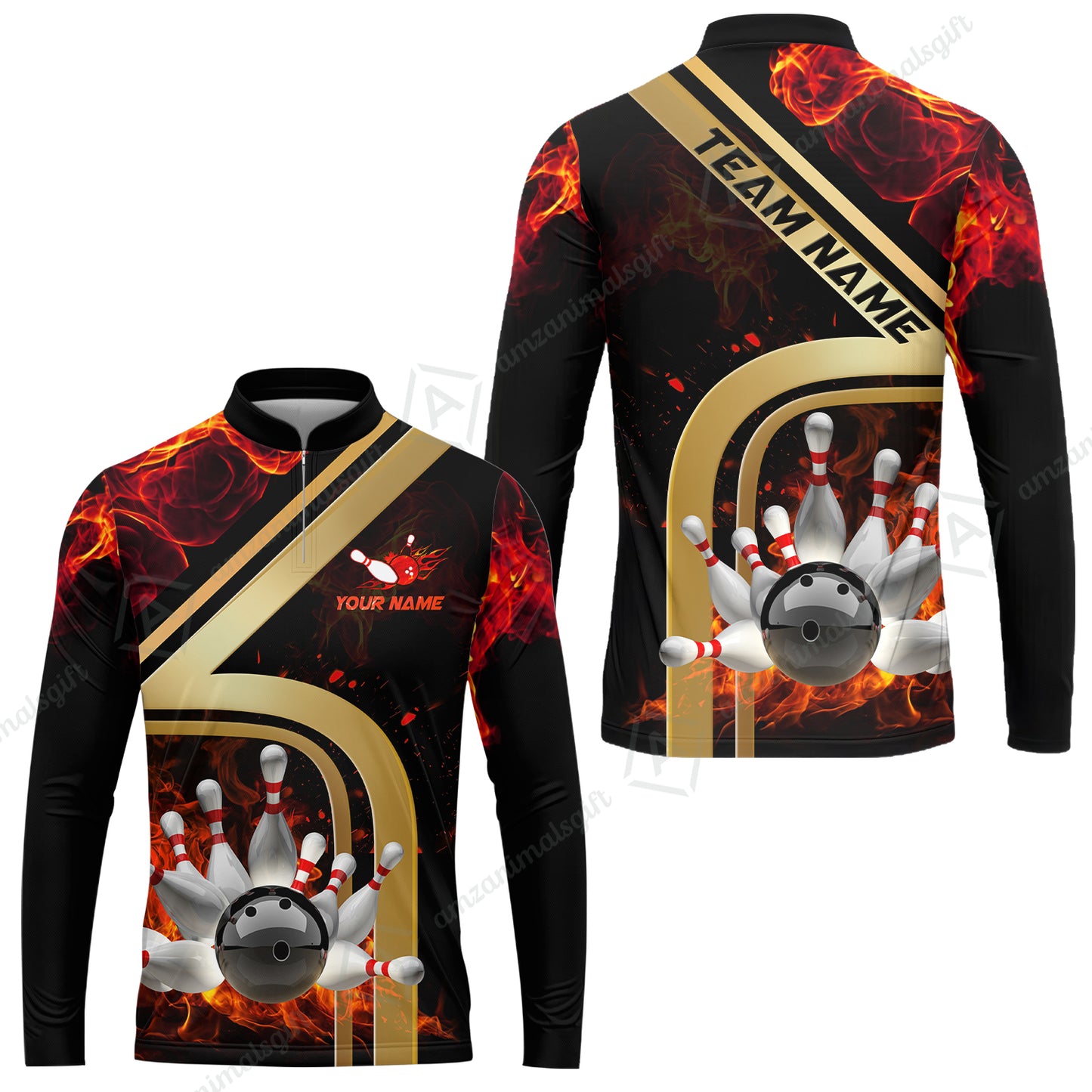 Custom Bowling Team Jerseys Polo Shirts, Bowling uniforms Ball & Pins Water And Flame Multicolor Options Personalized Name And Team Name