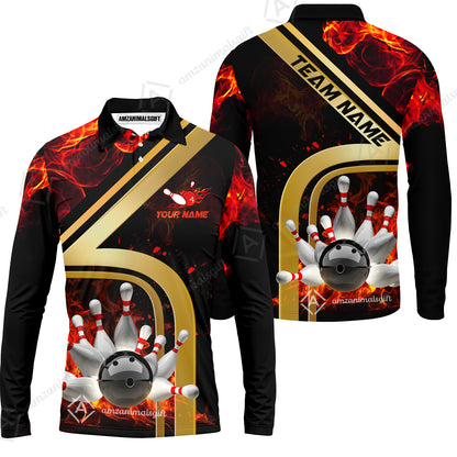 Custom Bowling Team Jerseys Polo Shirts, Bowling uniforms Ball & Pins Water And Flame Multicolor Options Personalized Name And Team Name