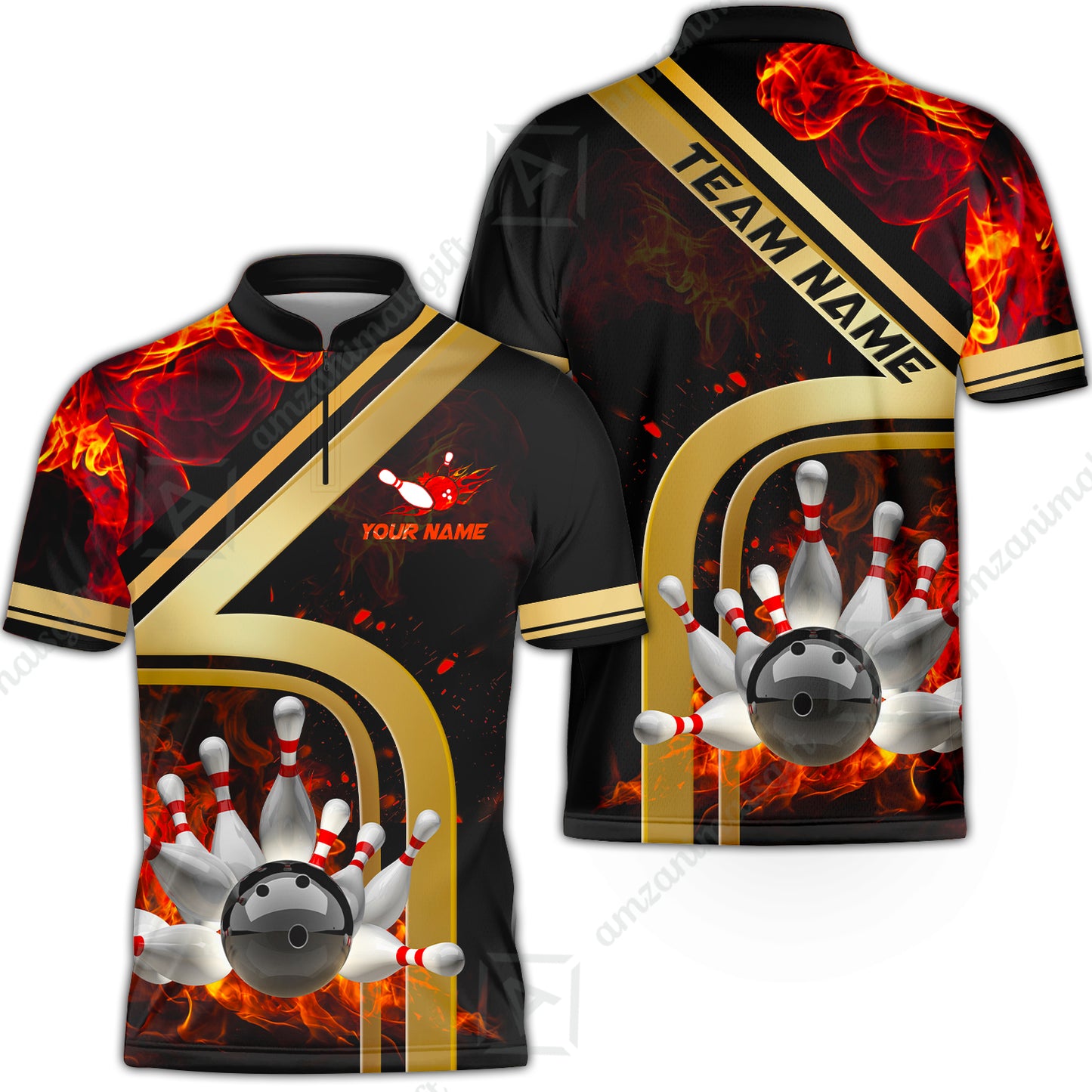 Custom Bowling Team Jerseys Polo Shirts, Bowling uniforms Ball & Pins Water And Flame Multicolor Options Personalized Name And Team Name