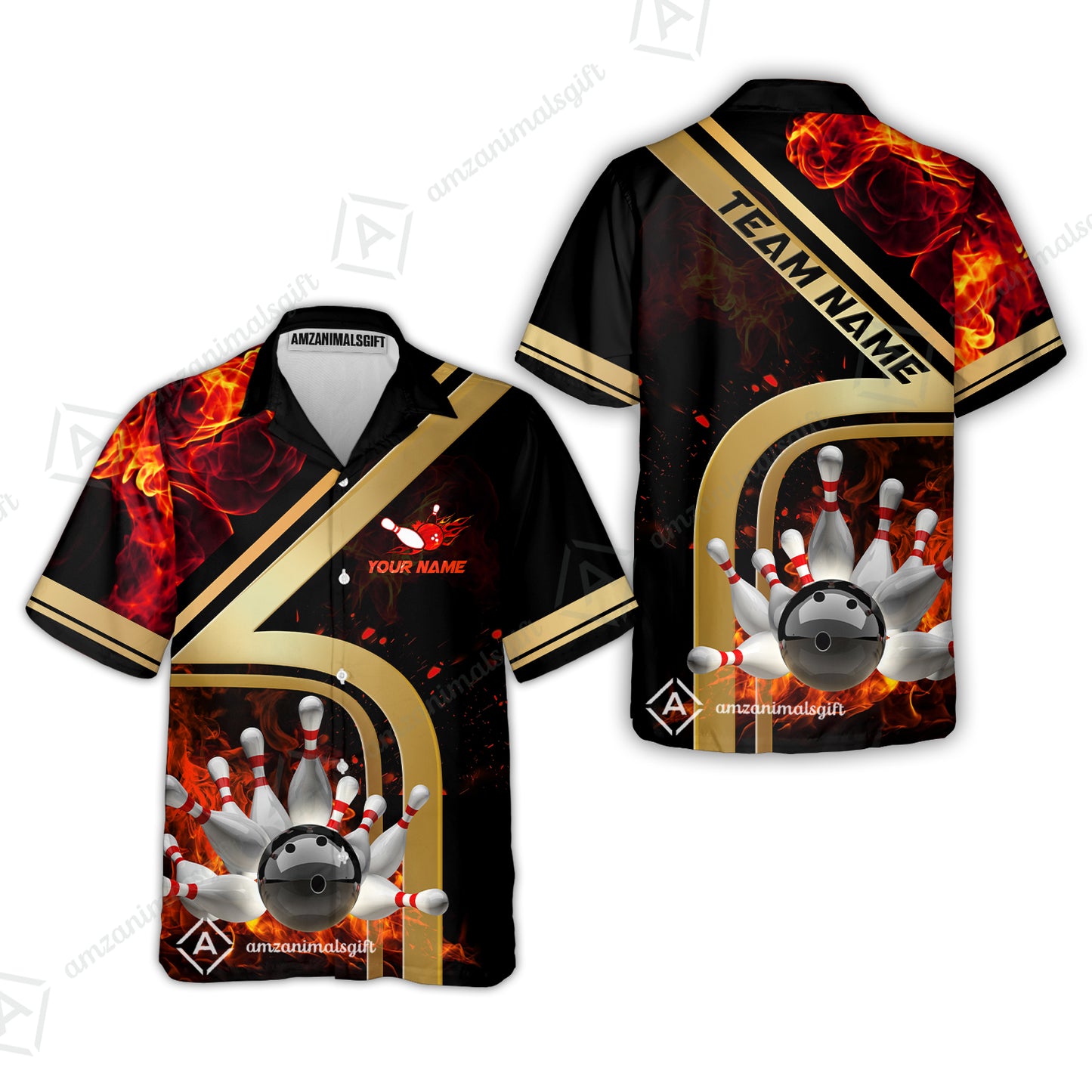 Custom Bowling Team Jerseys Polo Shirts, Bowling uniforms Ball & Pins Water And Flame Multicolor Options Personalized Name And Team Name