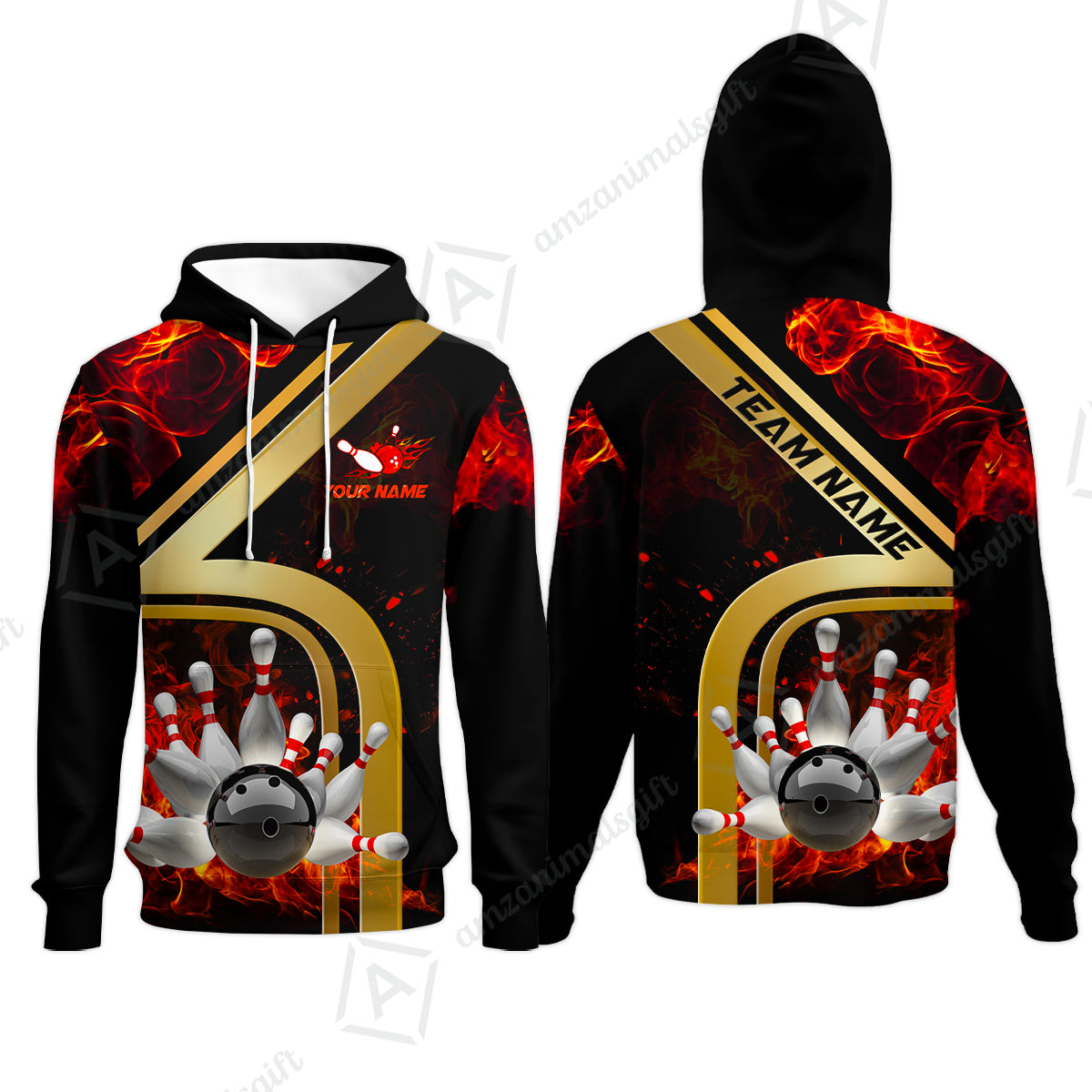 Custom Bowling Team Jerseys Polo Shirts, Bowling uniforms Ball & Pins Water And Flame Multicolor Options Personalized Name And Team Name
