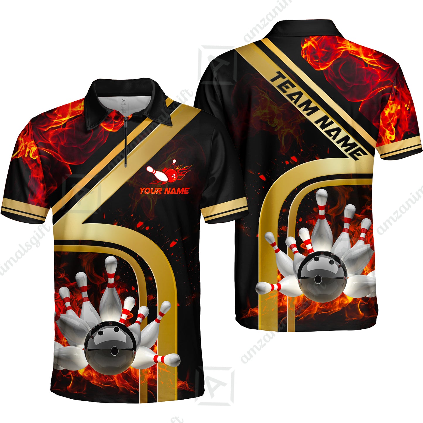 Custom Bowling Team Jerseys Polo Shirts, Bowling uniforms Ball & Pins Water And Flame Multicolor Options Personalized Name And Team Name
