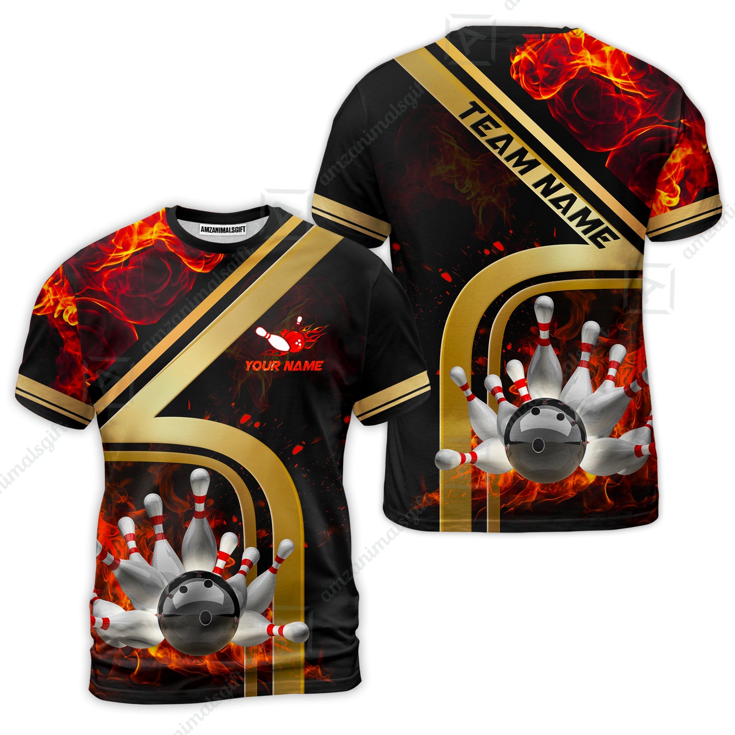 Custom Bowling Team Jerseys Polo Shirts, Bowling uniforms Ball & Pins Water And Flame Multicolor Options Personalized Name And Team Name