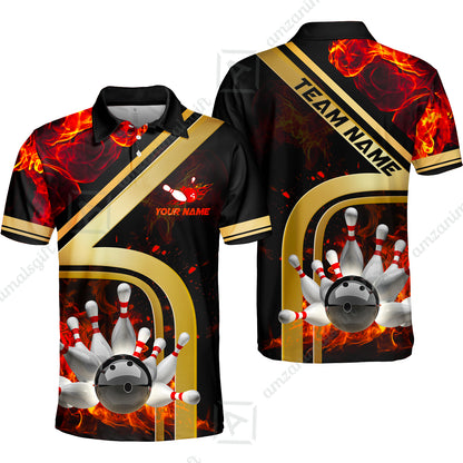 Custom Bowling Team Jerseys Polo Shirts, Bowling uniforms Ball & Pins Water And Flame Multicolor Options Personalized Name And Team Name