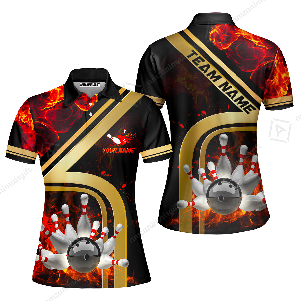 Custom Bowling Team Jerseys Polo Shirts, Bowling uniforms Ball & Pins Water And Flame Multicolor Options Personalized Name And Team Name