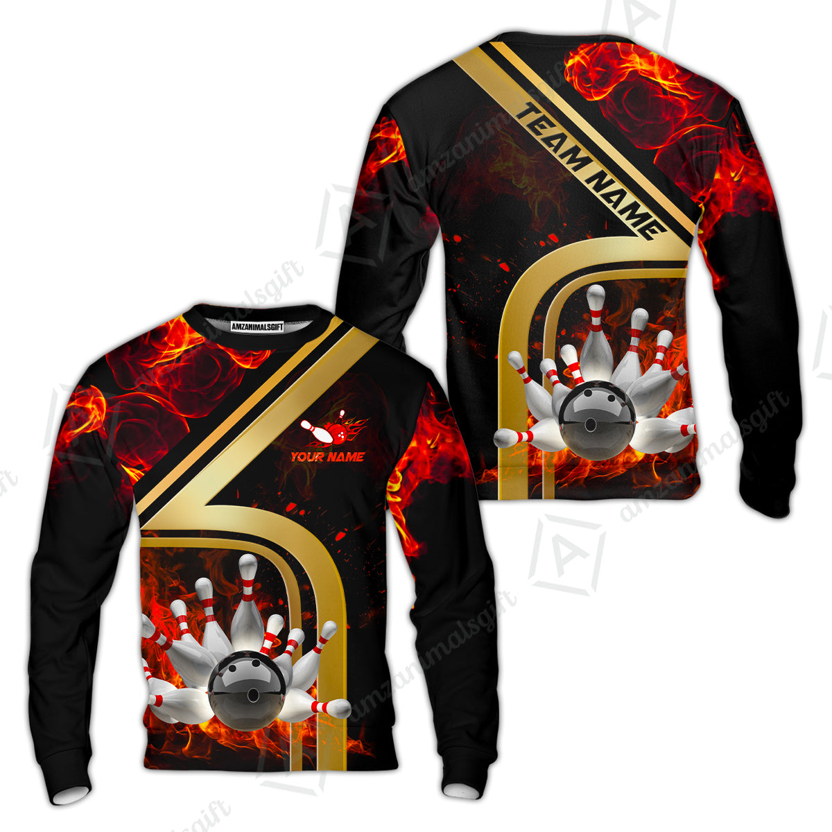 Custom Bowling Team Jerseys Polo Shirts, Bowling uniforms Ball & Pins Water And Flame Multicolor Options Personalized Name And Team Name