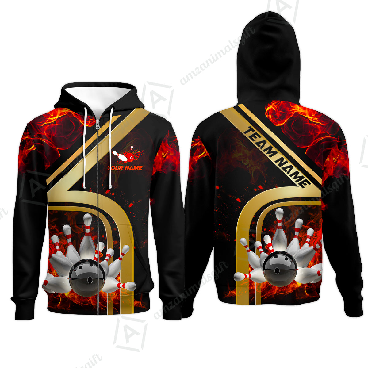 Custom Bowling Team Jerseys Polo Shirts, Bowling uniforms Ball & Pins Water And Flame Multicolor Options Personalized Name And Team Name