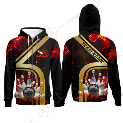 Custom Bowling Team Jerseys Polo Shirts, Bowling uniforms Ball & Pins Water And Flame Multicolor Options Personalized Name And Team Name