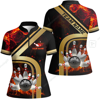 Custom Bowling Team Jerseys Polo Shirts, Bowling uniforms Ball & Pins Water And Flame Multicolor Options Personalized Name And Team Name