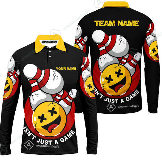 Custom Bowling Team Long Sleeve Polo Shirt , Bowling Uniforms Black Summer Smiley Personalized Name And Team Name