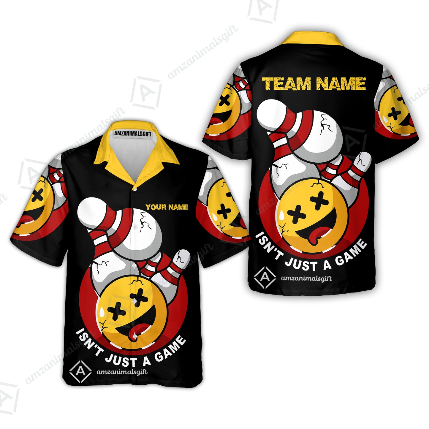 Custom Bowling Team Hawaiian Shirt, Bowling Uniforms Black Summer Smiley Personalized Name And Team Name