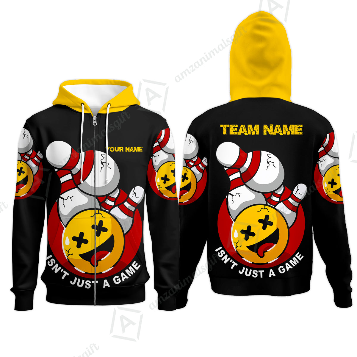 Custom Bowling Team Zip Hoodie, Bowling Uniforms Black Summer Smiley Personalized Name And Team Name