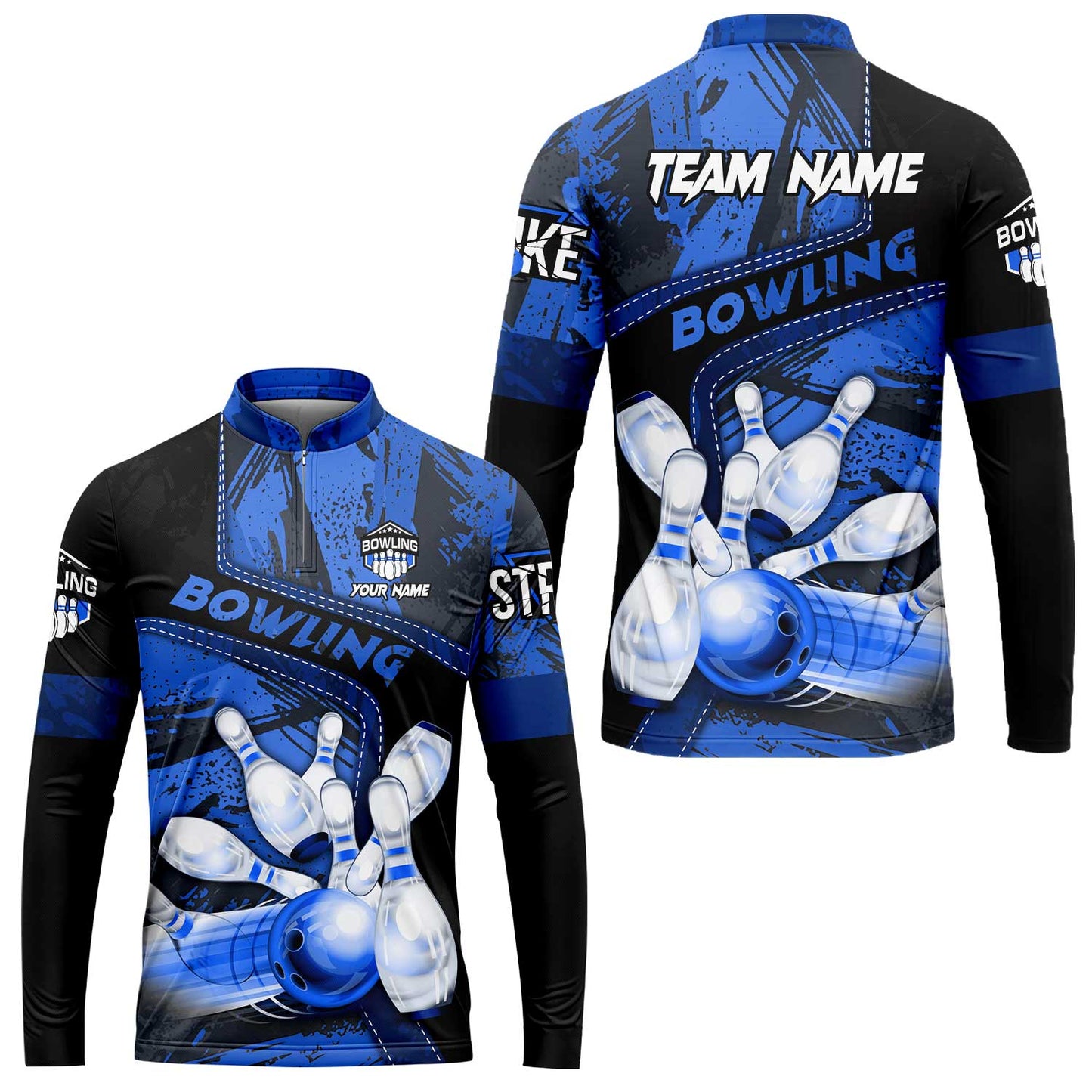 Custom Bowling Team Quater-Zip Polo Shirts, Bowling Uniforms Jerseys Brush Patterns, Multi Colors Personalized Name And Team Name