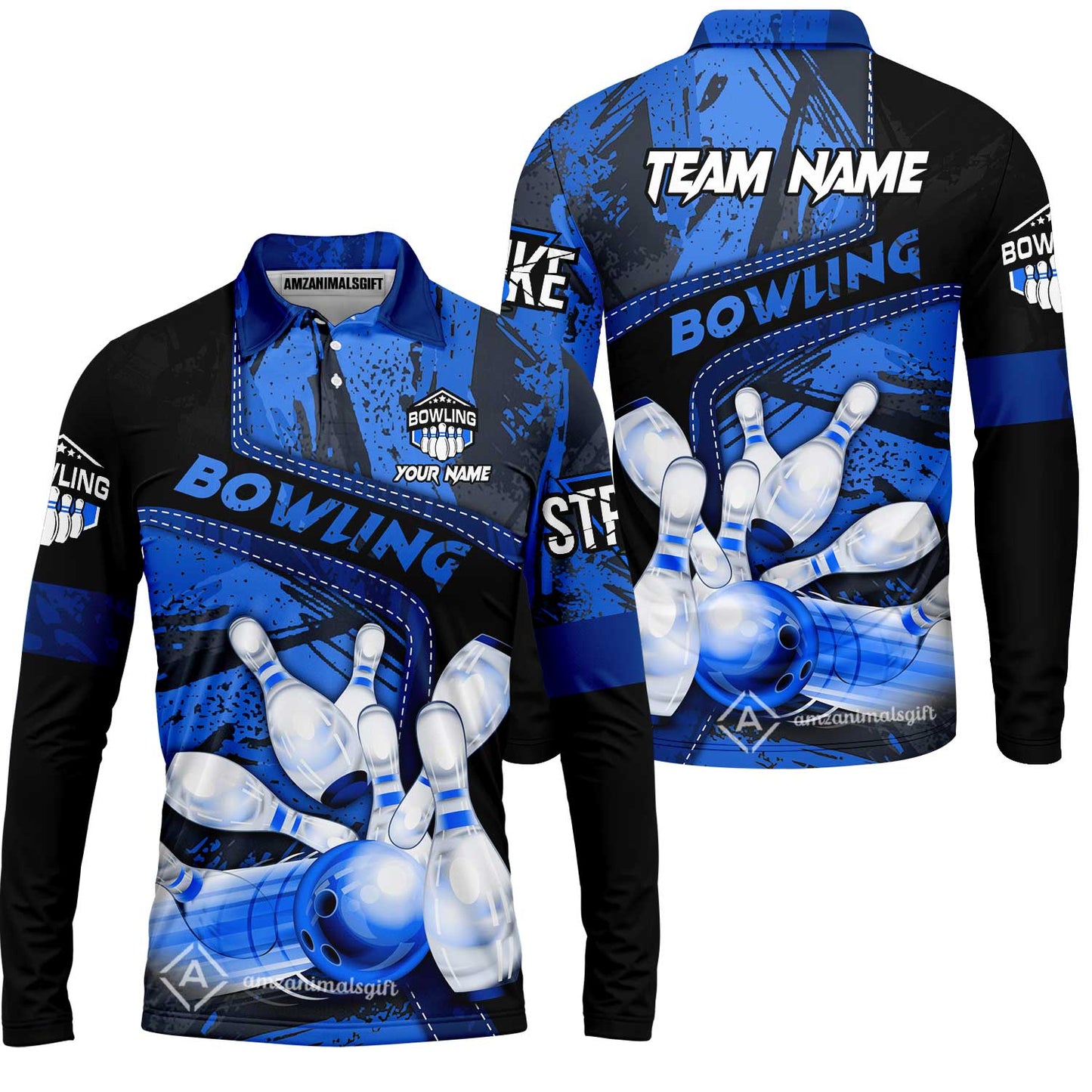 Custom Bowling Team Quater-Zip Polo Shirts, Bowling Uniforms Jerseys Brush Patterns, Multi Colors Personalized Name And Team Name