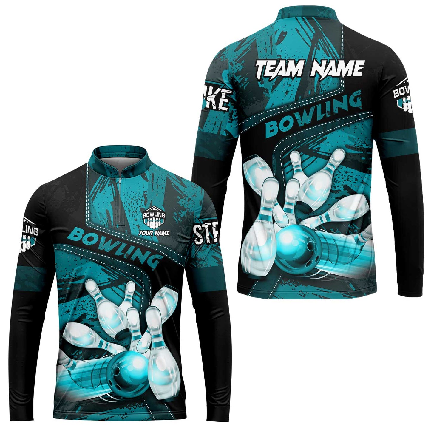 Custom Bowling Team Quater-Zip Polo Shirts, Bowling Uniforms Jerseys Brush Patterns, Multi Colors Personalized Name And Team Name