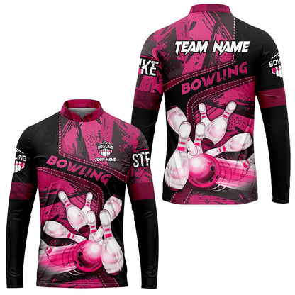 Custom Bowling Team Quater-Zip Polo Shirts, Bowling Uniforms Jerseys Brush Patterns, Multi Colors Personalized Name And Team Name